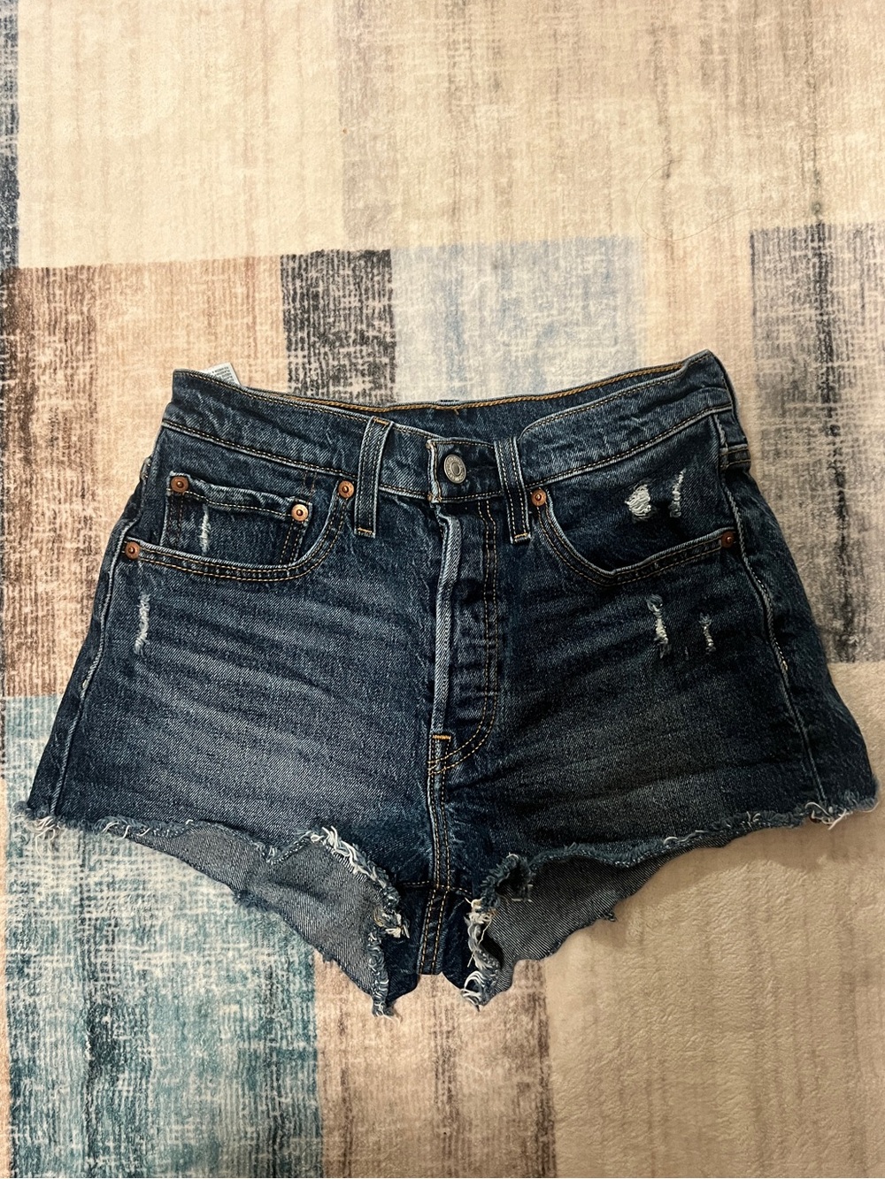 Levi's 501 Dark Blue Distressed Denim Cutoff Shorts